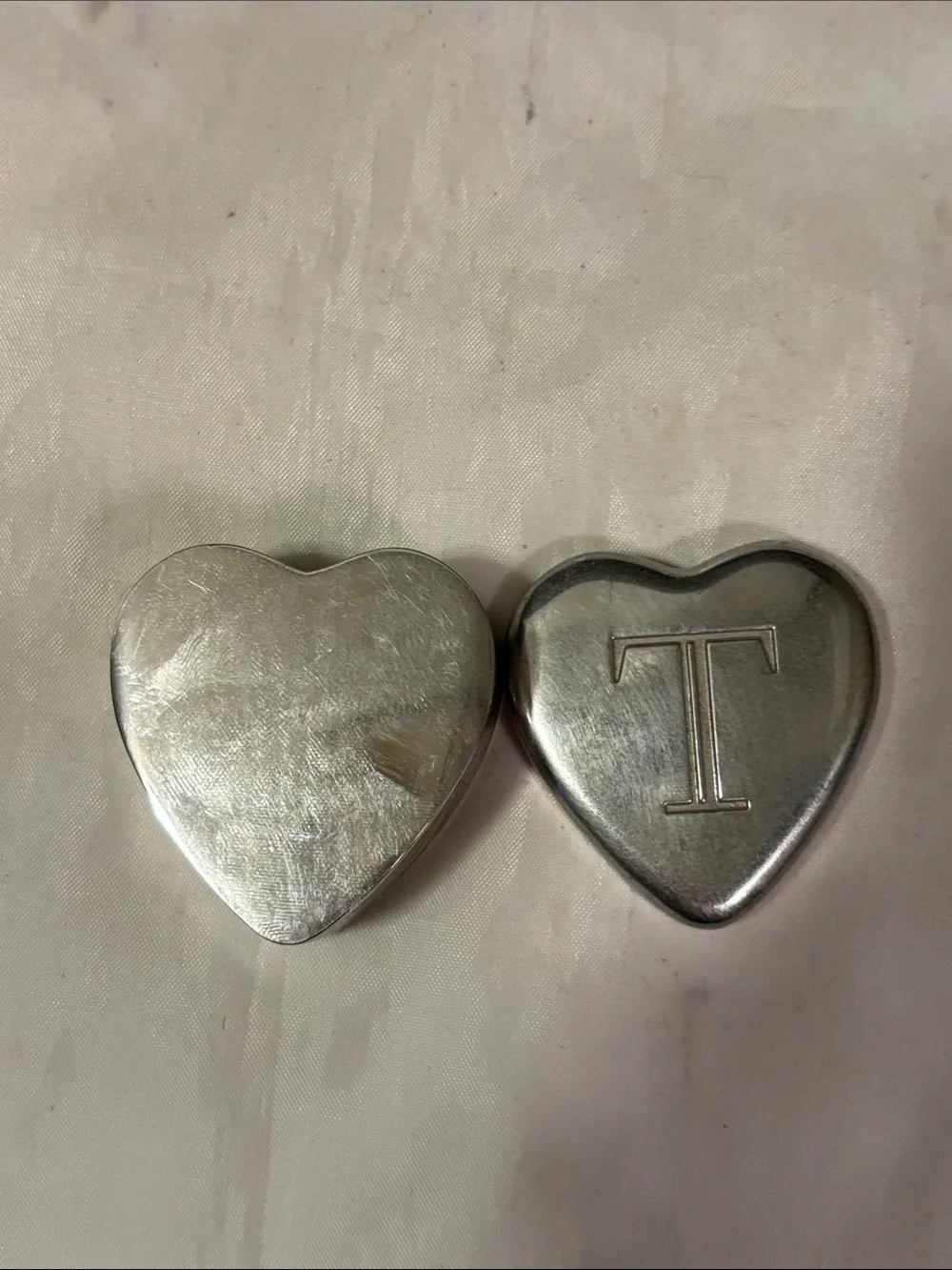 Heart Shaped Metal Trinket Box with 'T' Monogram - Silver